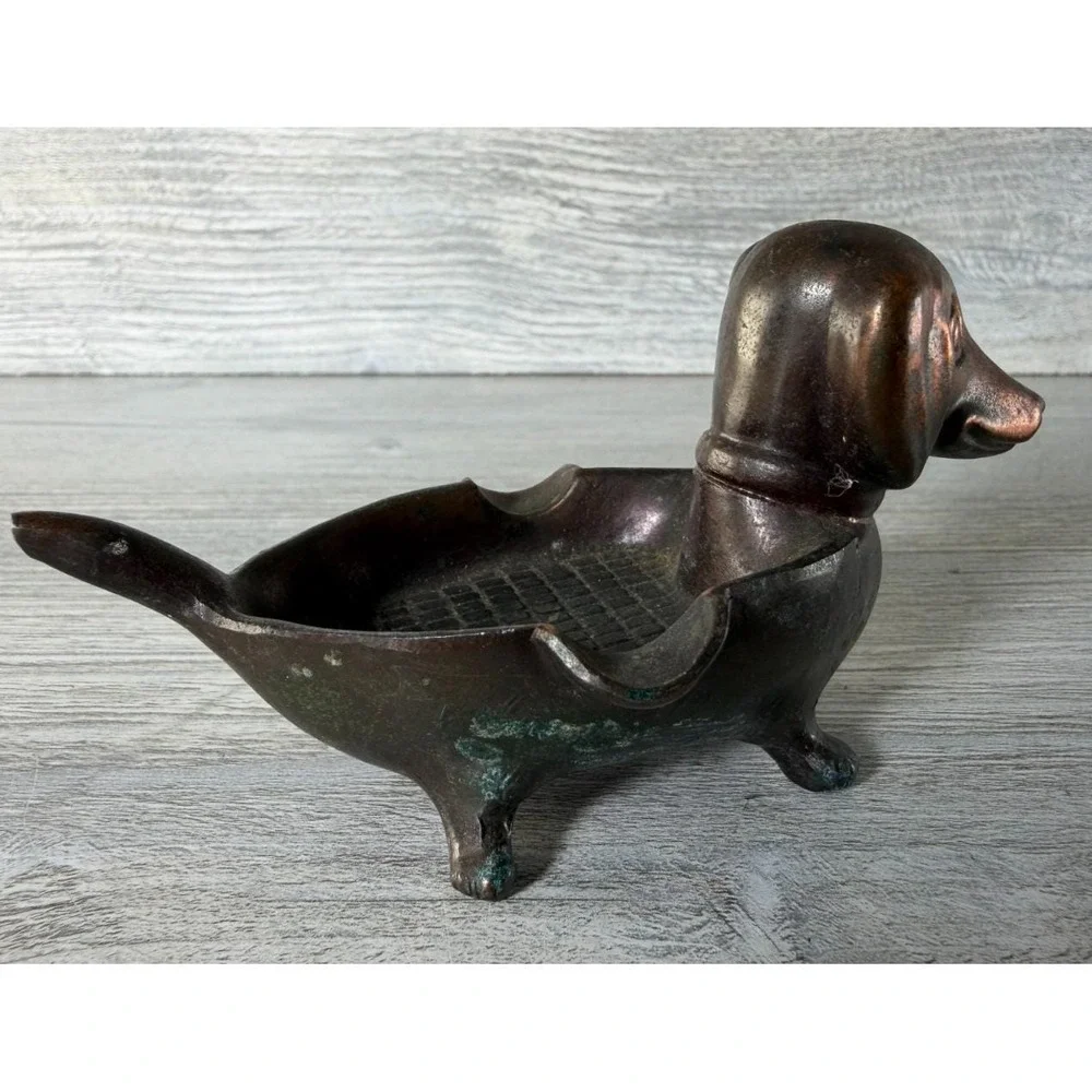 Vtg 1950's Cast Metal Dachshund Wiener Dog Ashtray Figurine Animal Japan 4.5